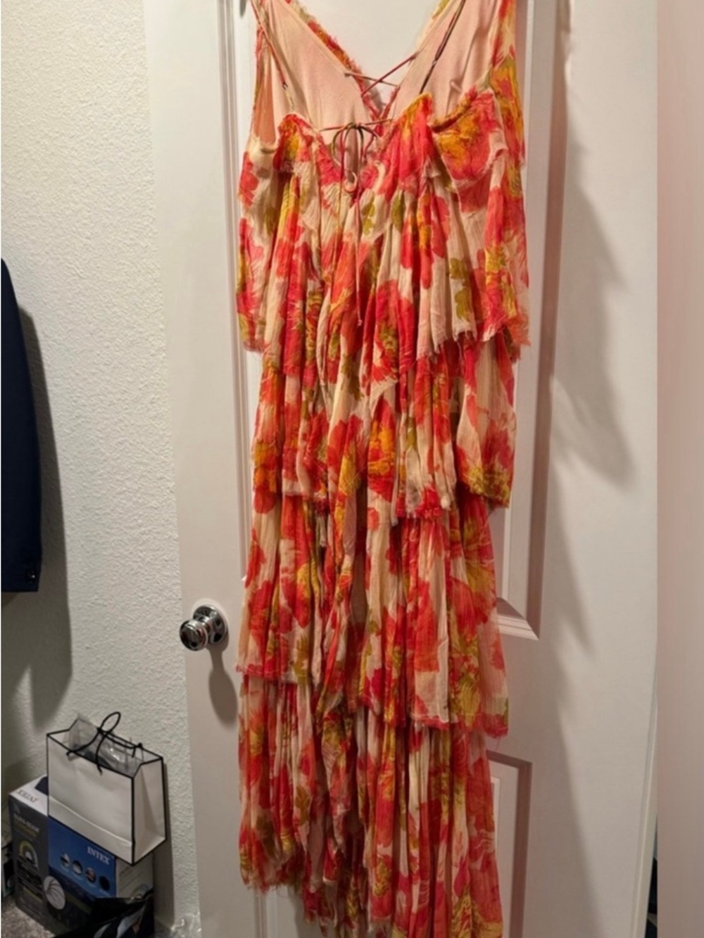 Free People Coral and Cream Tiered Ruffle Maxi Dress - Picture 2 of 3